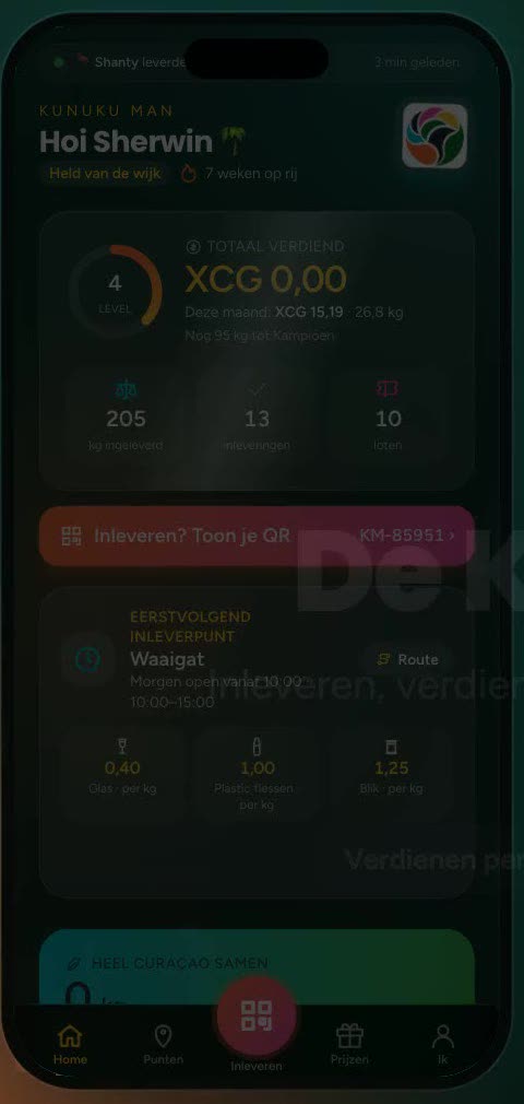 Home screen of the Kunuku Man app with balance and level