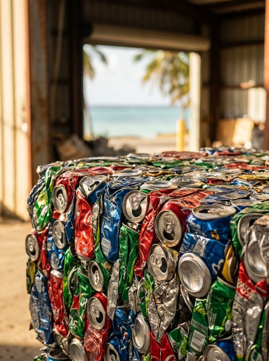 Pressed bale of aluminium cans in the warehouse
